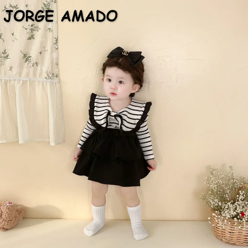 

Spring Autumn Baby Girl Set Stripe Turn-down Collar Large Bow T-shirt/Bodysuit+Tiered Skirt Newborn Fashion 2 Piece Suit E6808