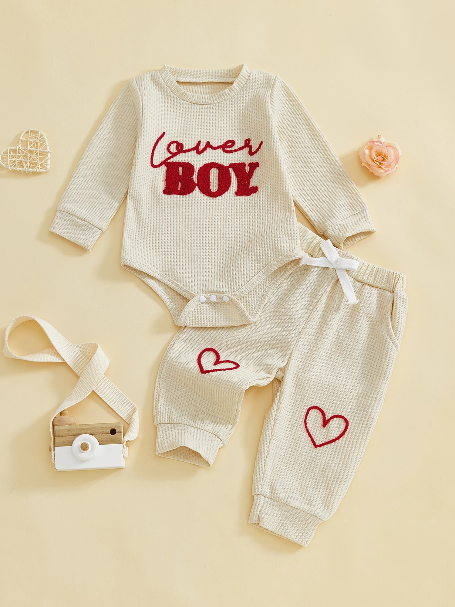 Adorable Baby Boy s Valentine s Day Ensemble Stylish Long Sleeve Romper with Embroidered Letters and Matching Pants Set