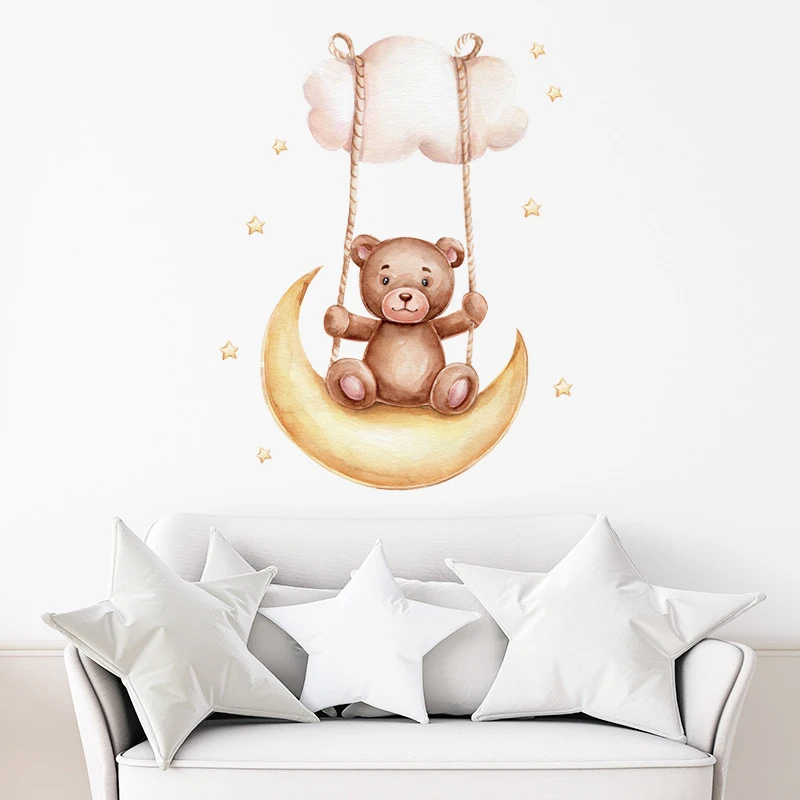 

Качающийся на качели, маленький медведь, облако, луна, спальня, гостиная, детская комната, наклейка на стену, украшение, 471