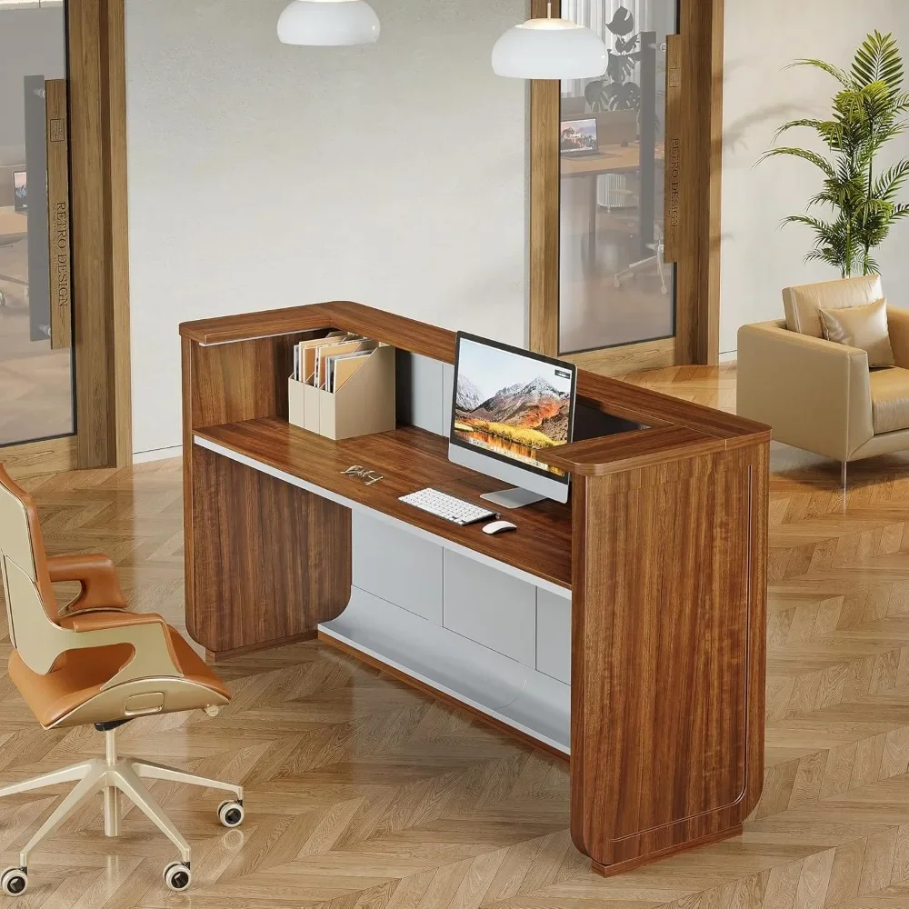 70.8 Inches Large Reception Desk - Modern Front Desk, Retail Counter for Checkout, Lobby, Salon, Office, Walnut 4