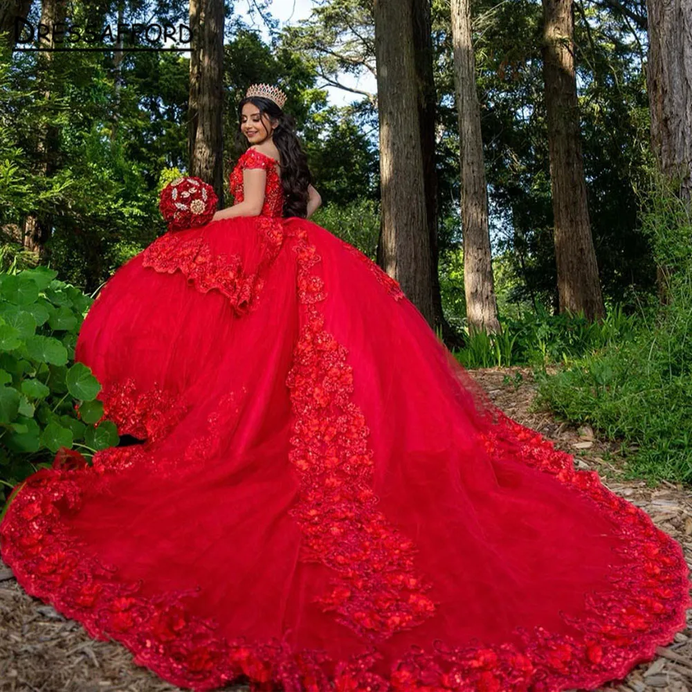 

Sparkly Princess Red Ball Gown Quinceanera Dresses Off Shoulder Glitter Beads Appliques Sweet 16 Dress Wedding Gowns Customs
