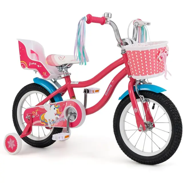 Children's 16/18 Inch Bike with Basket, Streamers, Training Wheels, Handbrake & Rear Brake for Ages 4-8