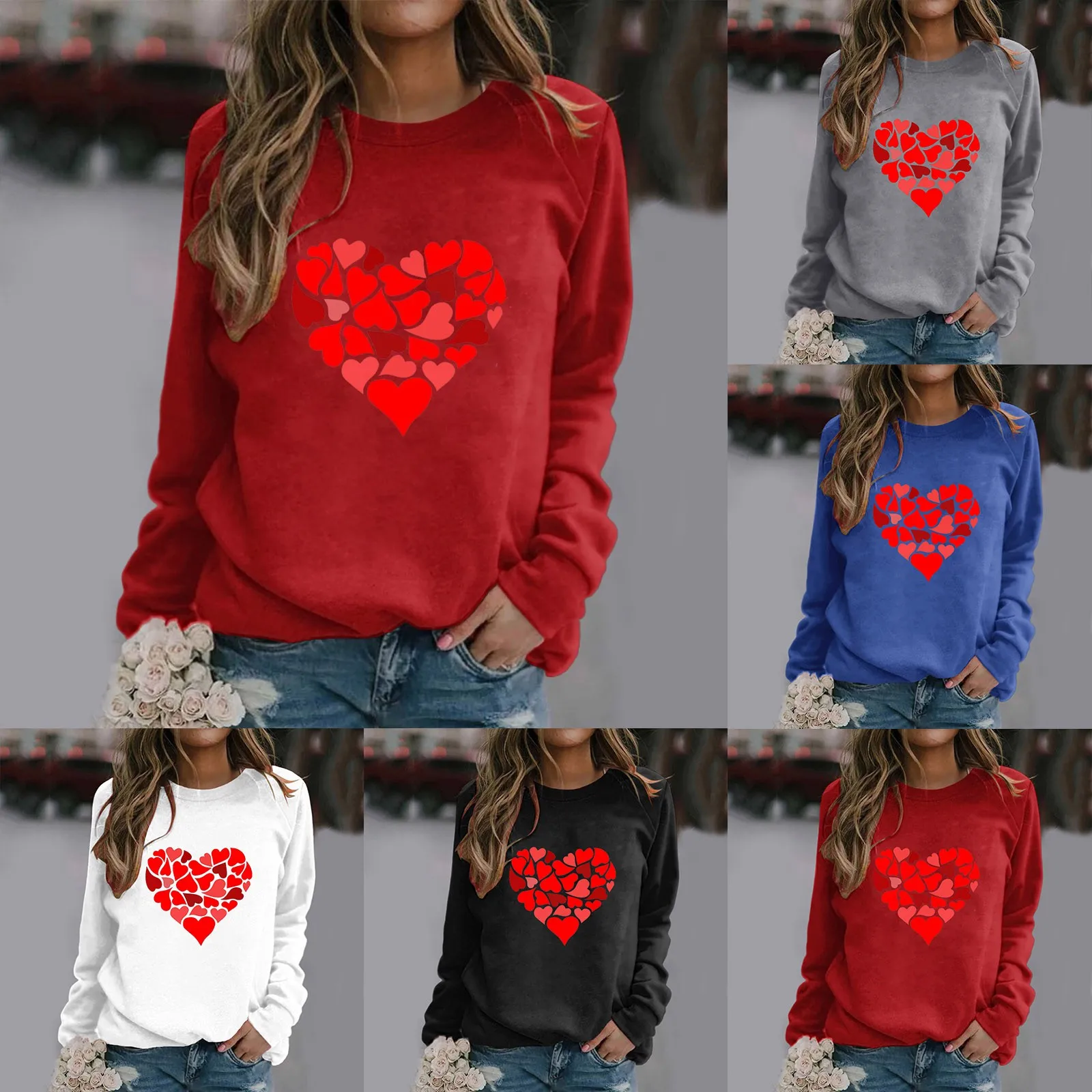 

Valentine's Day Women's Sweatshirt Crew Neck Colorful Heart Print Long Sleeve Casual Cute Hoodies Women Cotton Hoodie Set Women