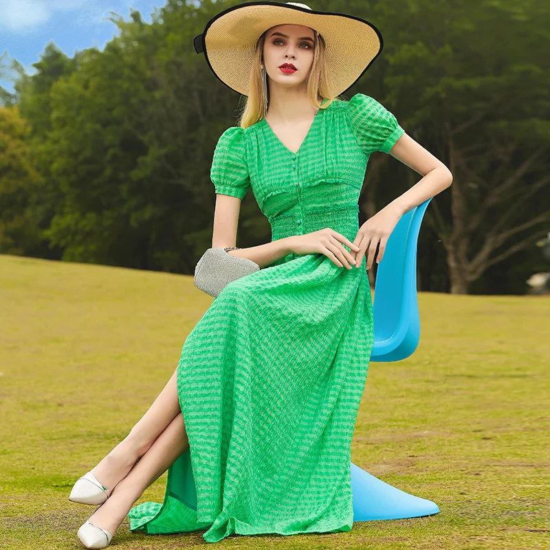 

Summer V-neck Long Dress Short Sleeve Slim Waist Green Long Dress Women Events Party Clothing Vacation Fashion Trends V-neck