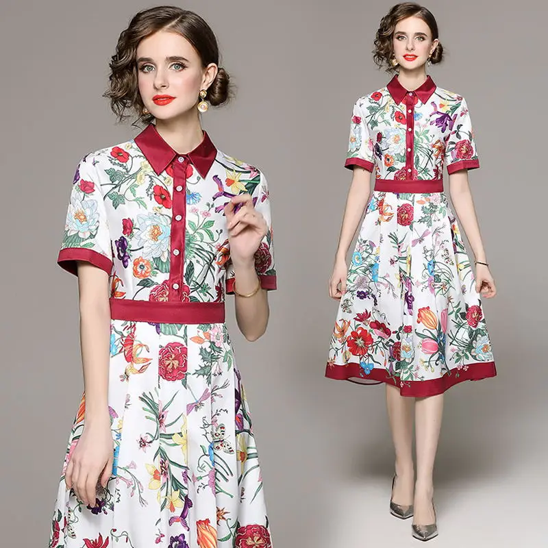 

Temperament Colorful Floral Gentle Women Slim Waist Knee Length Vestidos Trendy Occident Simple All Match Single Breasted Dress