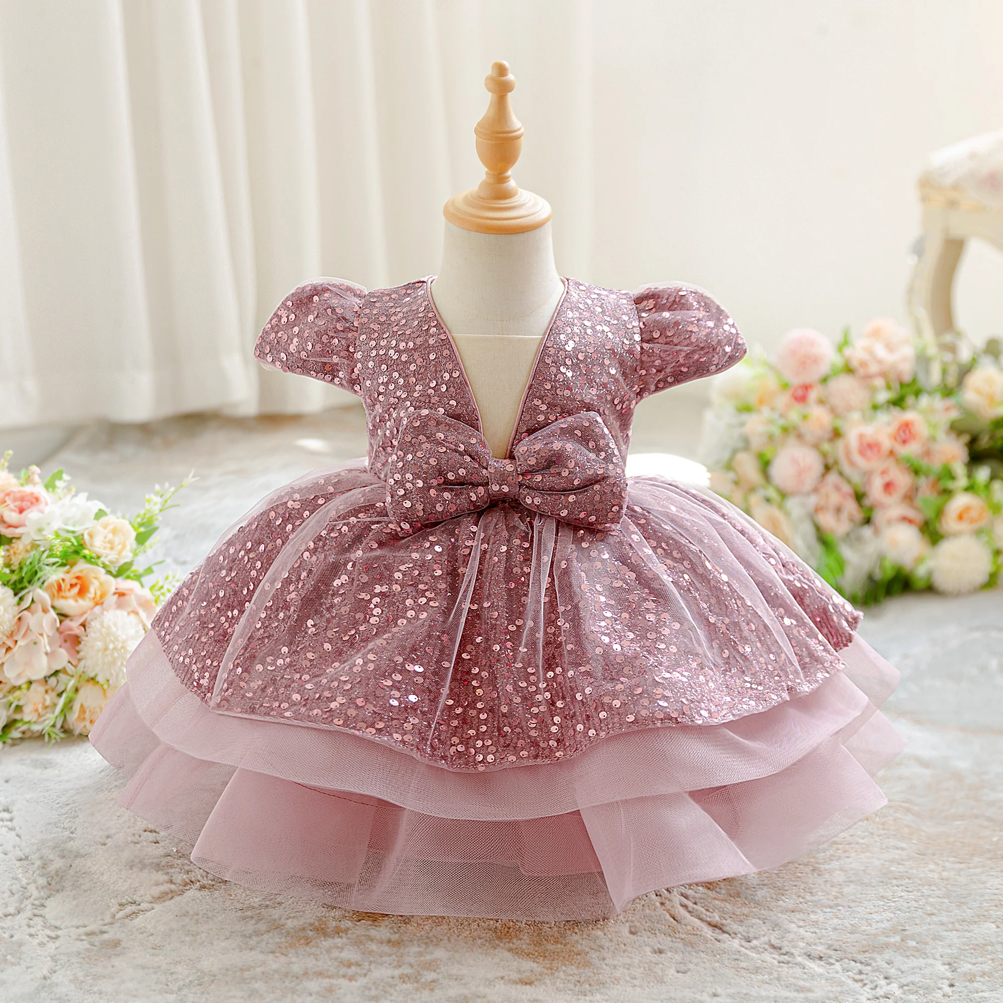Toddler Sequin Bridesmaids Party Baby Girls Dress Elegant Bow 1Yrs Birthday Princess Tutu Prom Dresses Baby Wedding Evening Gown for girls dress, baby girl dress