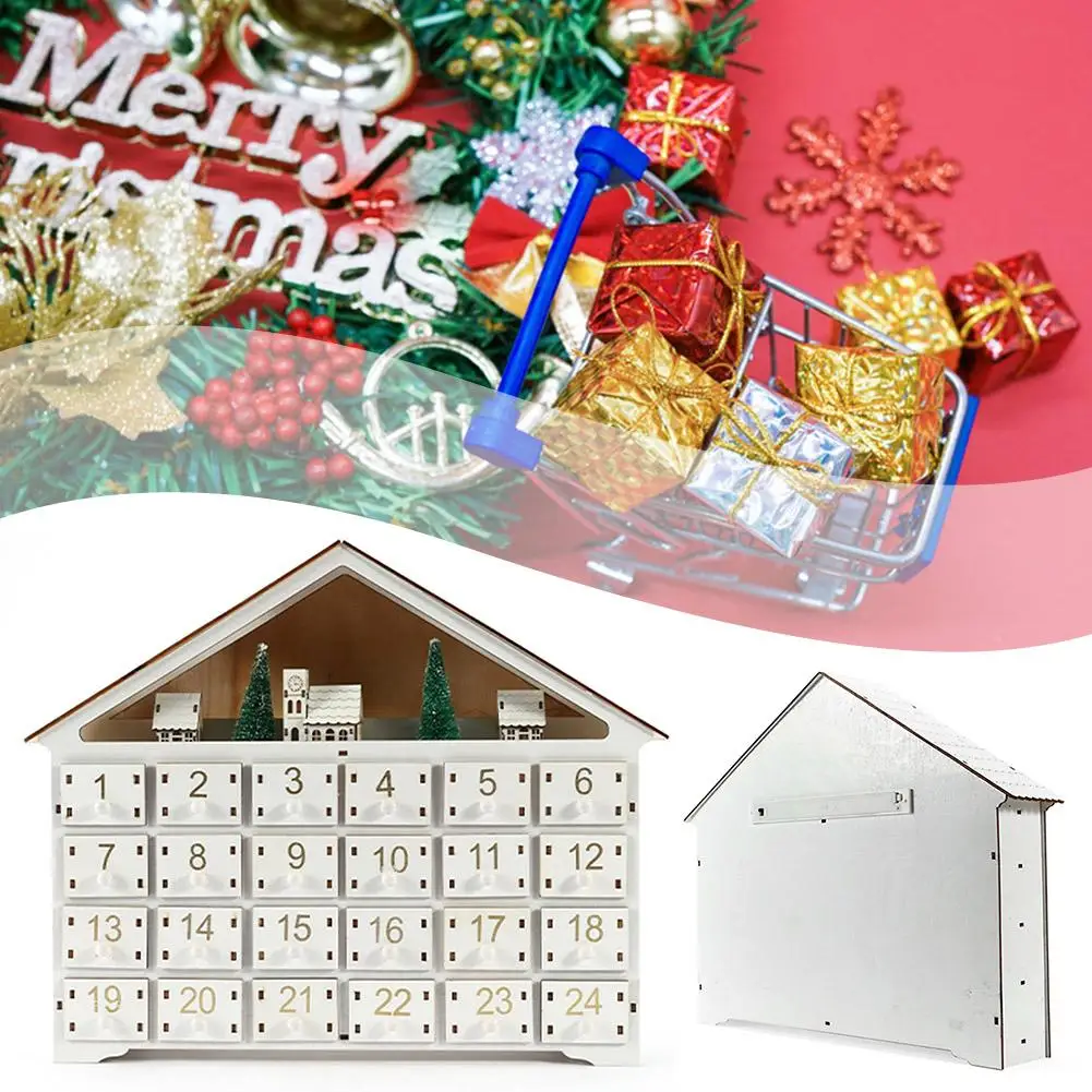 

White Wooden Christmas 24 Days Countdown Calendar With Light Storage Home Xmas Party Decoration Ornaments 24 Gift Led Drawe R4k5