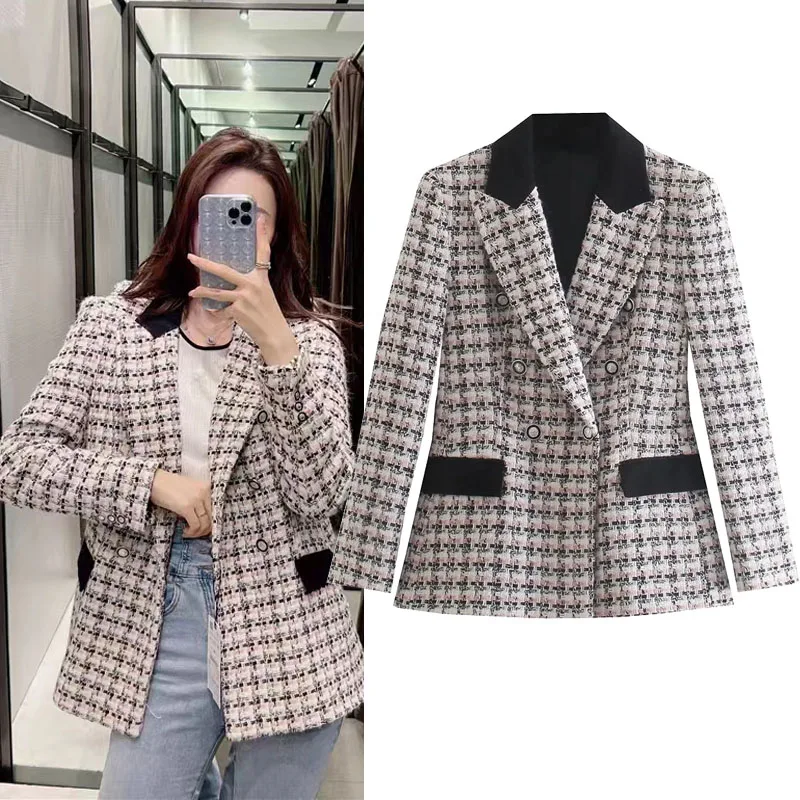 

TRAF Lapel Textured Buttoned Blazer For Women Autumn Vintage Casual Long Sleeve Jacket Coats Fashion V-Neck Double Breasted Tops