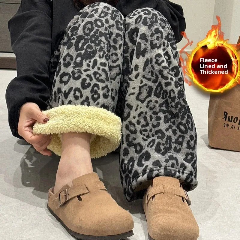 Lamb Velvet Fce Lined Thi Plaid Casual Pants Women Winter Home Straight Leg Wide Leg Cotton Spwear Trousers