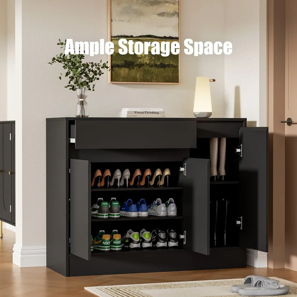 Shoe Cabinet Storage with 3 Doors,Freestanding Shoe Cabinet with Drawer & Adjustable Shelves, Wooden Shoe Organizer for Entryway 4