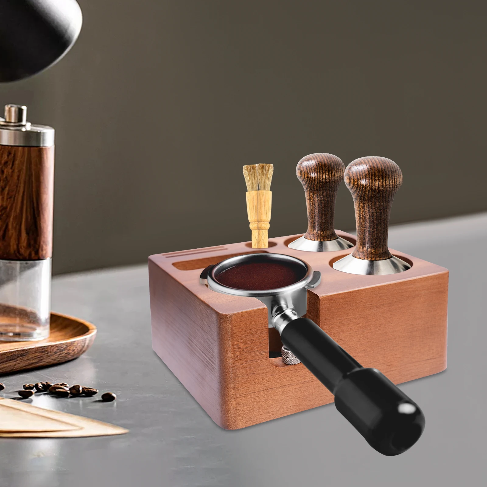 58mm Kaffee Tamping Station Stehen Siebträger Halter Multifunktionale Holz Espresso Tamping Station Zubehör Barista Werkzeuge – Detail 6