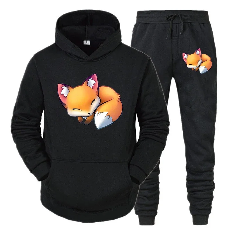 thumbnail image 1 of Conjunto de 2 piezas de sudadera y pantalones con estampado de zorro y anime para hombre, sudadera con estampado de animales de dibujos animados divertidos, pantalones, ropa de calle holgada de manga, 1 of 4