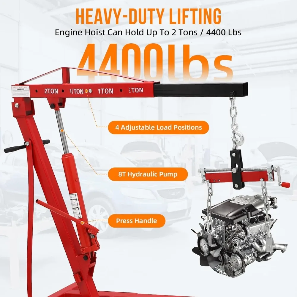 2 Ton Hydraulic Engine Hoist with Folding Design, 4000 LBS Capacity, 6 Wheels & Telescopic Boom