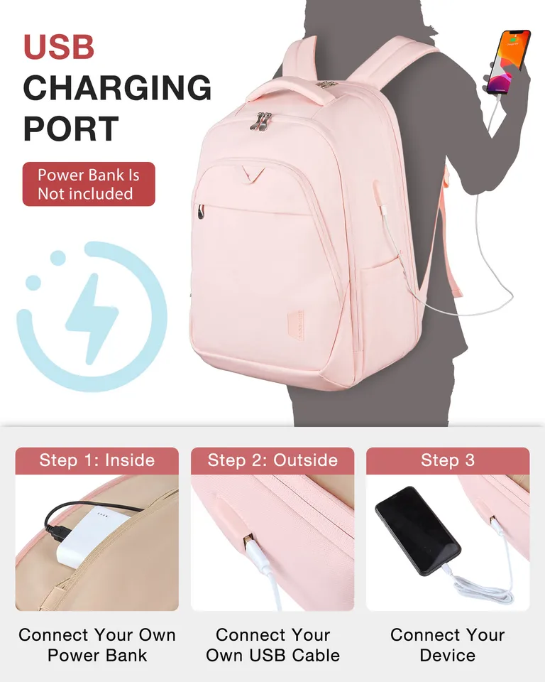 LIGHT FLIGHT Zaino Per Laptop 17,3 Pollici Donna - Grande, Rosa, Con Porta USB E Tasca Antifurto, Per Viaggio E Università - 3