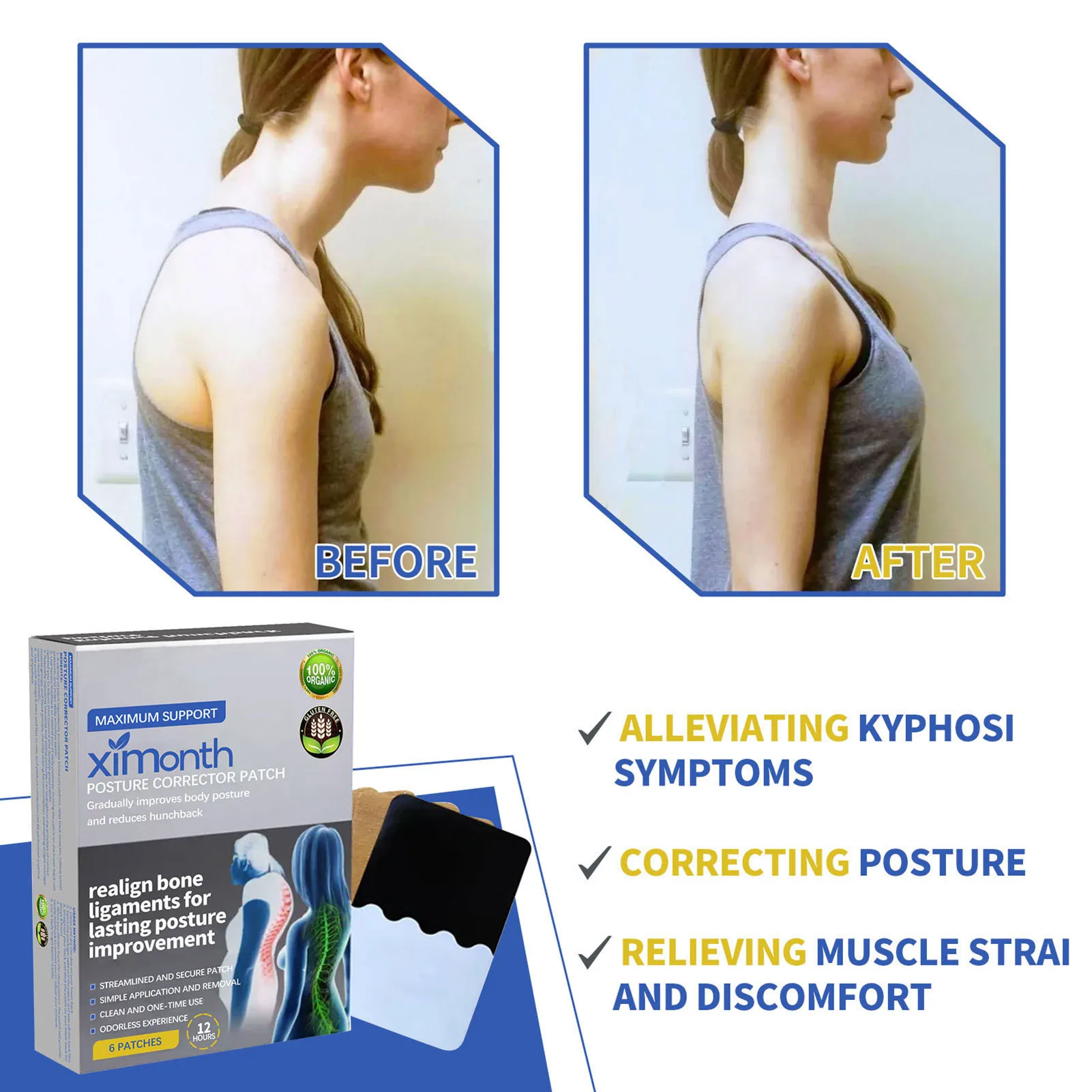 

6pcs Hunchback Correction Patches Curved Cervical Back Corrector Stickers Round Shoulder Forward Leaning Joint Pain Relief Patch