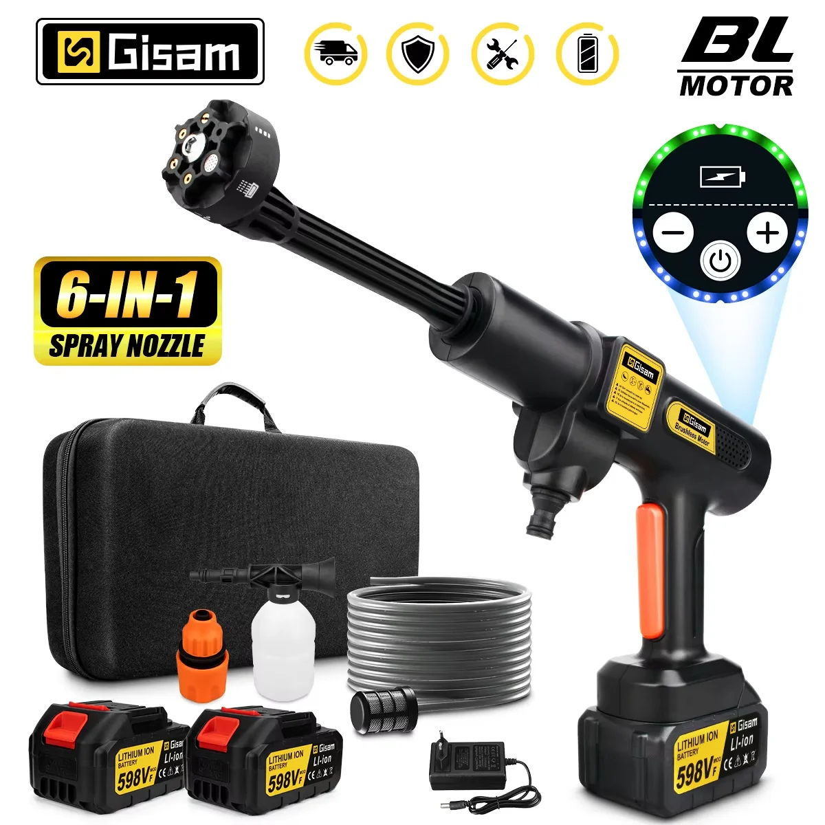 GISAM Electric High Pressure Washer 200Bar, brushless motor, 6 in 1 car washing garden water spray gun, compatible with Makita 18V battery pins