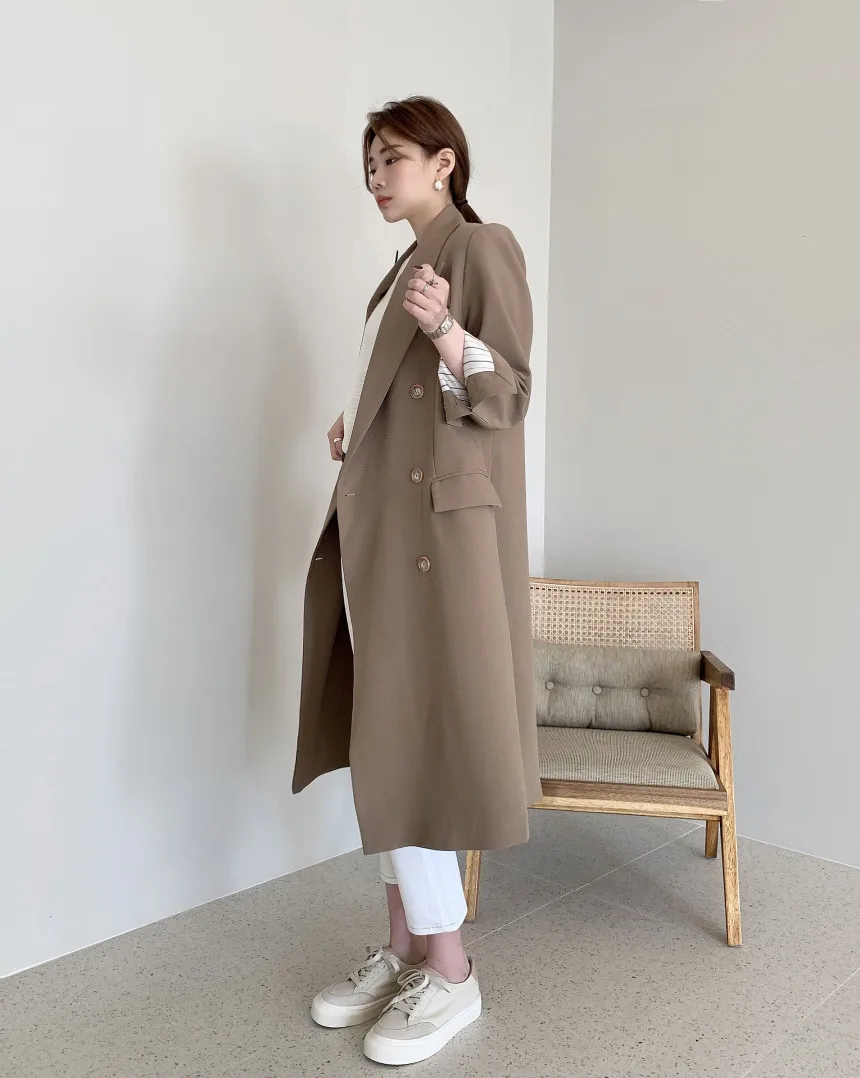 maxi puffer coat Ailegogo New Autumn Women Chic Notched Collar Double Breasted Long Trench Coat High Street Beige Loose Windbreaker Outwear black puffer coat