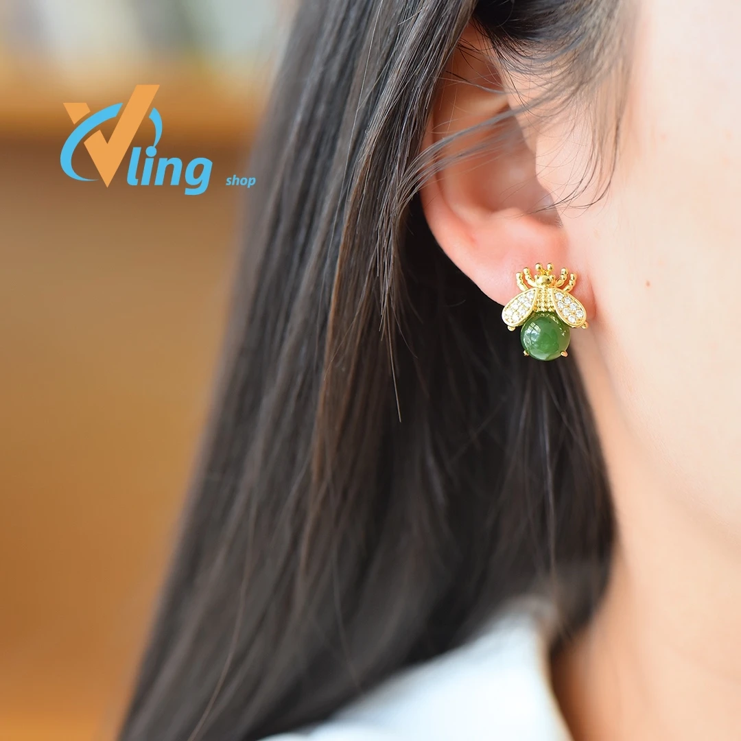 Copper inlaid Hotan Jade jasper courtesy of God little bee fashion earrings sweet girl Xia Xiaozhong earrings