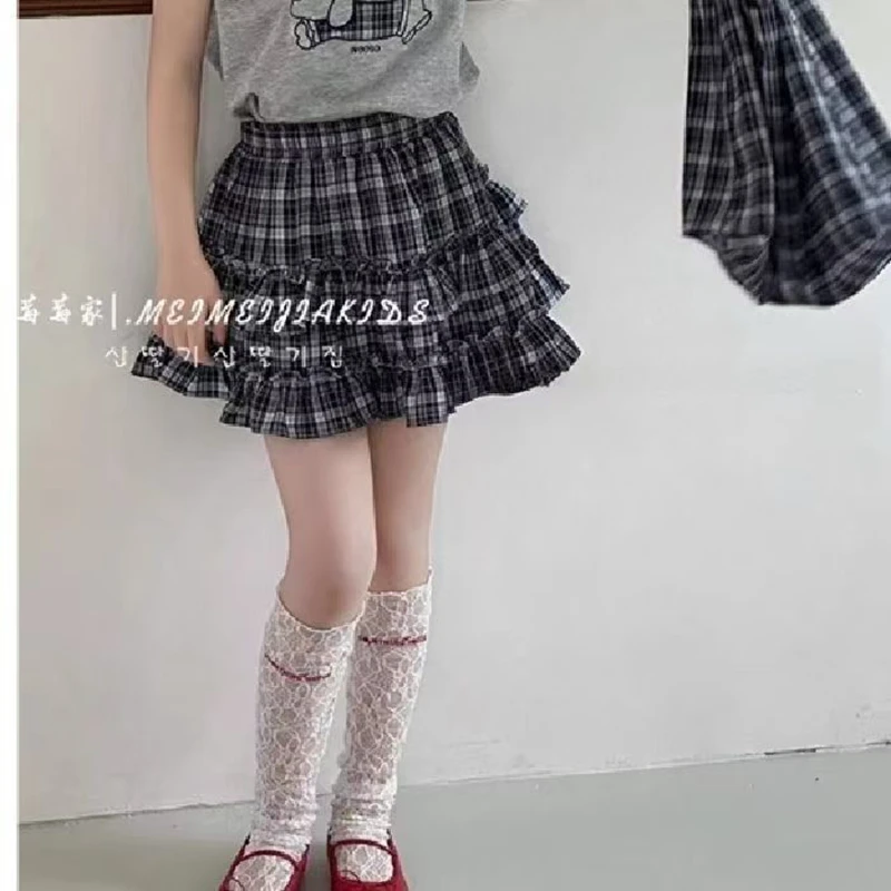 Toddler Girl 2Pcs Summer Outfits Cute Cartoon Print Short Sleeve T-Shirt Plaid Ruffle Skirt Set Kids Girls Casual Daily Clothes 4