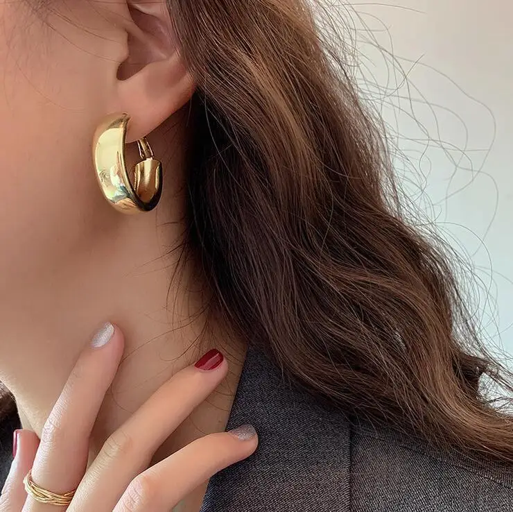 Drop Earrings Vintage Gold Plated Chunky Dome Drop Earrings for Women Glossy Stainless Steel Thick Teardrop Earrings Dupes Lightweight Hoops