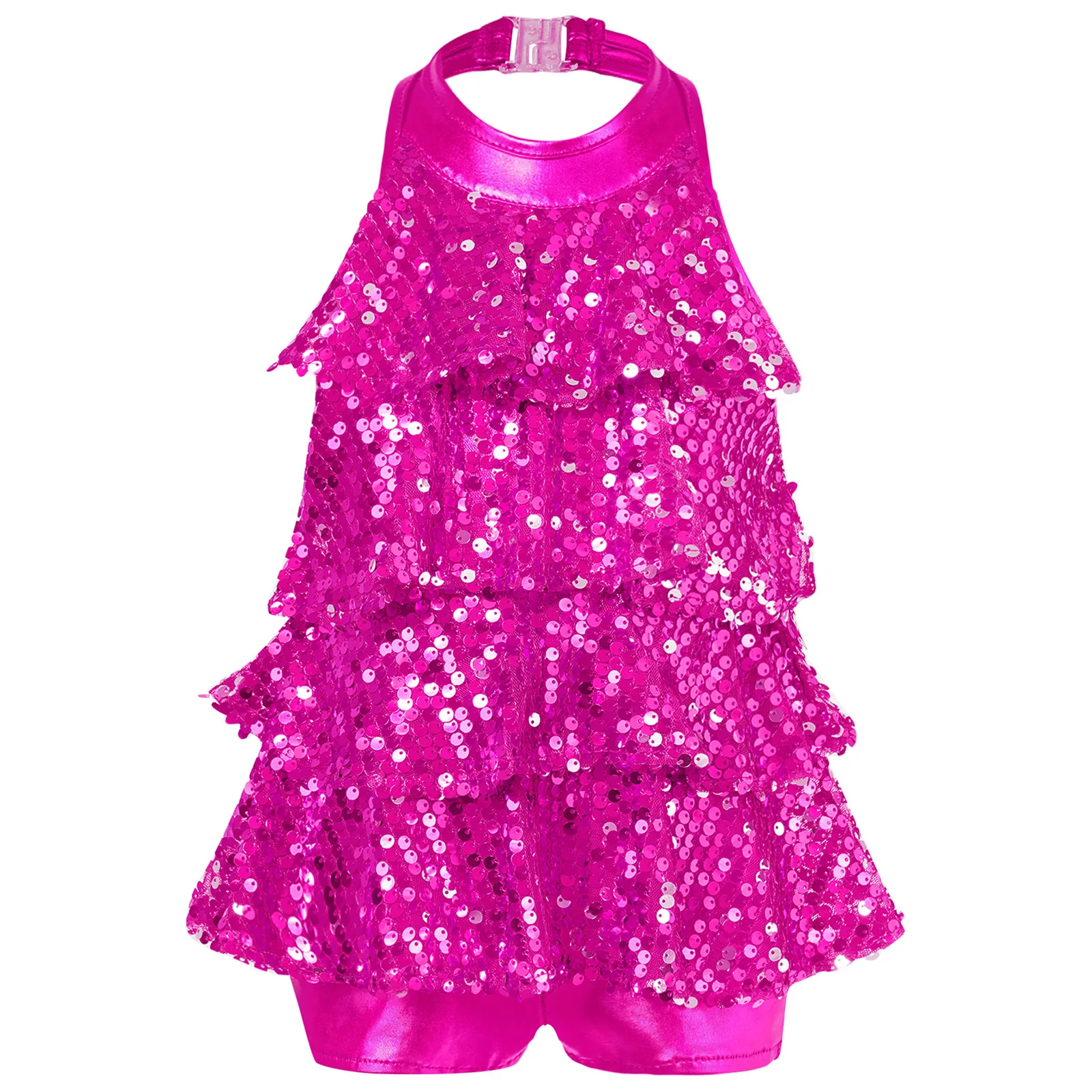 thumbnail image 1 of Traje de baile moderno para niñas, jazz, salsa latina, samba y rumba, top corto con lentejuelas brillantes metálicas y pantalones cortos con falda, culottes, 1 of 5