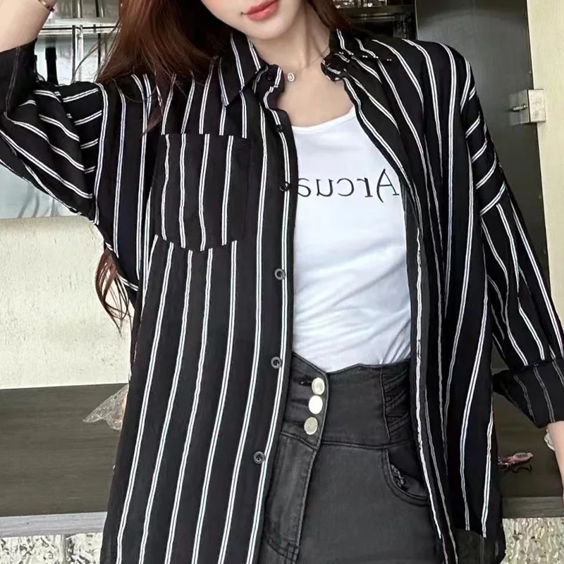 Summer 2024 New Aesthetic Loose Retro Chinese Style Office Lady Shirts Cotton Linen Black Striped Shirt Collar Short Sleeve Top