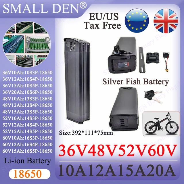 36V 48V 52V 60V argent poisson 18650 batterie 10Ah 12Ah 15Ah 20A 10S-16S 3P-6P pour 250W-1800W pliant e-deux roues portable 1