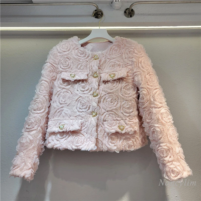 

2023 Autumn and Winter New High-Grade Pink Flower Quilted To Keep Warm Coat Female Fashion Chic Coats Short Outwears Lady