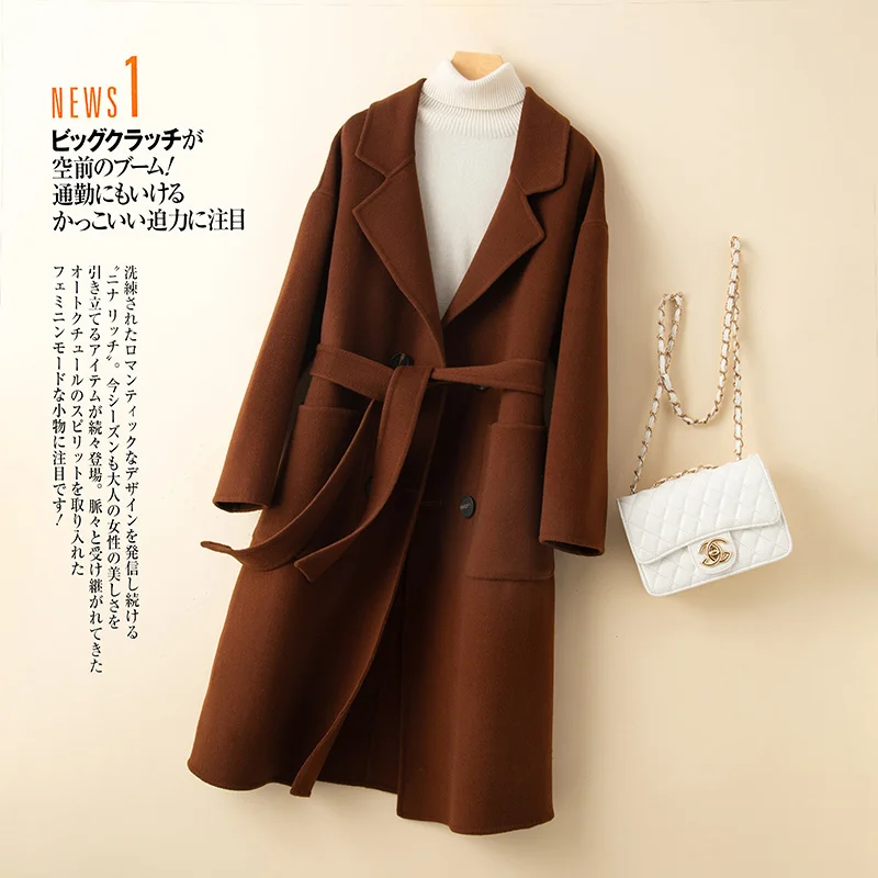 

2023 Autumn/winter New 100% Pure Wool Coat Double Sided Coat Women's Mid Length Slim Fit Suit Collar