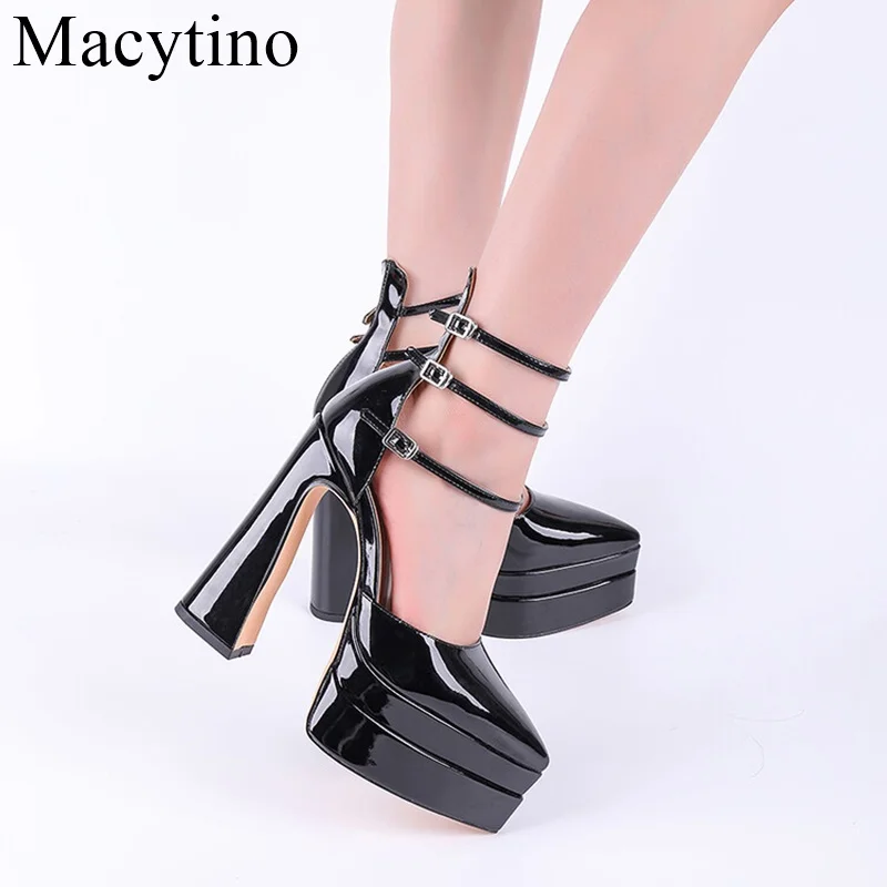 

Summer Super High-heeled Hollow Pointed Toe Bright High-top Sandals Thick-heeled Baotou Waterproof Platform Patent Leather