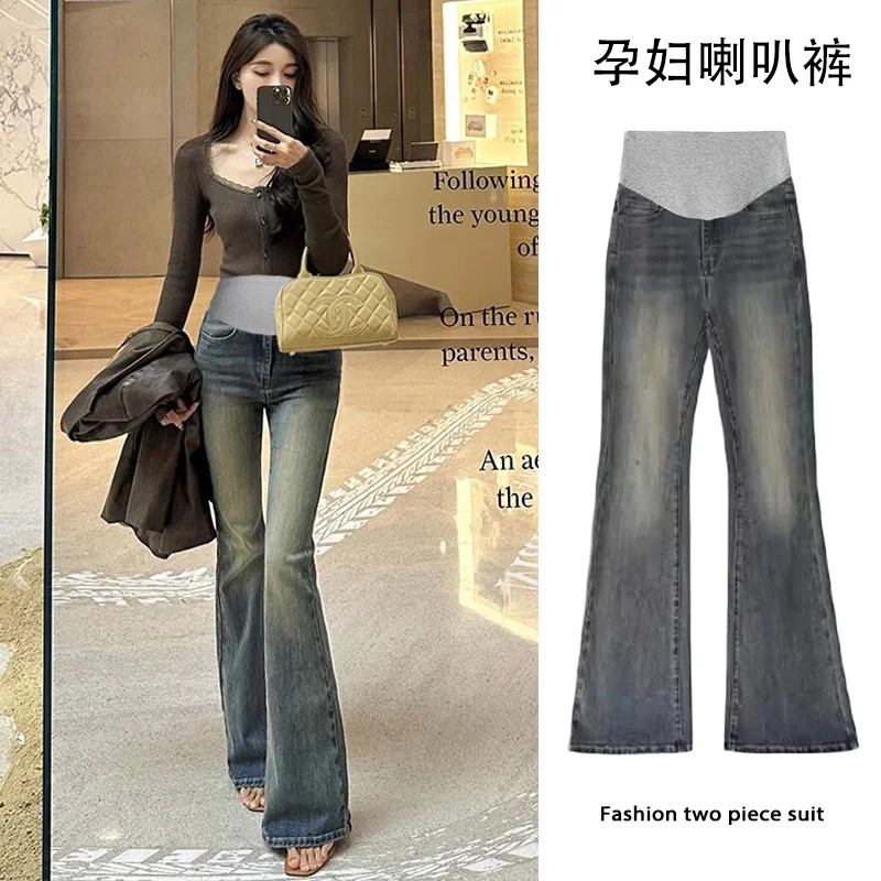 

Boot Cut Stretch Denim Maternity Jeans 2024 Spring Fashion Distressed Old Washed Belly Pants for Pregnant Women Retro Pregnancy