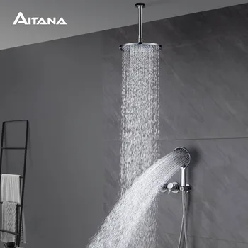 Minimalist ปืนสีเทาทองเหลืองฝังระบบฝักบัว,2-Function Rain & ฝักบัวแบบใช้มือถือสําหรับห้องน้ําร้อน/เย็นติดผนัง 2