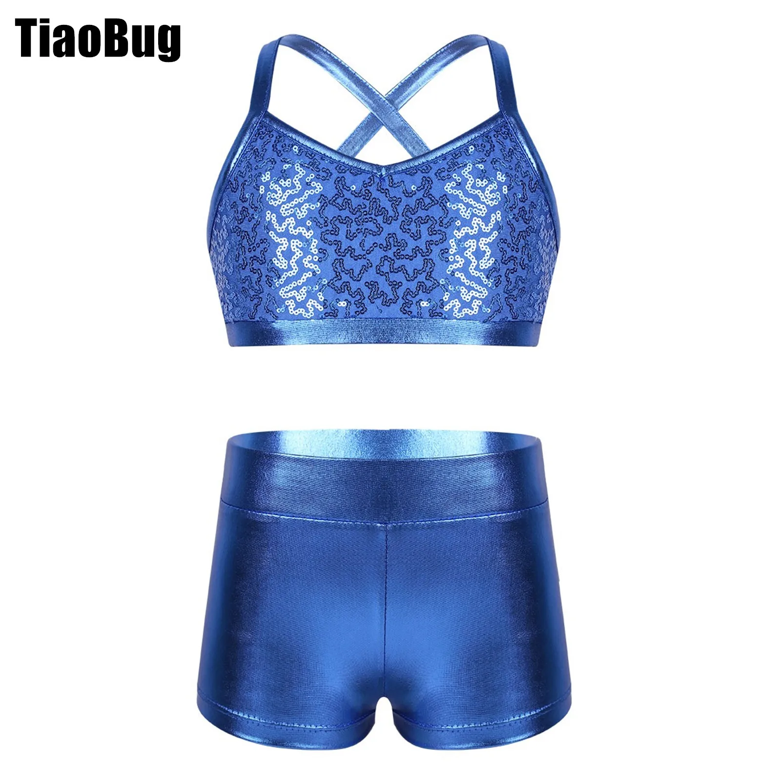 

Kids Girls Sequins Tankini Outfit Spaghetti Shoulder Straps Tank Top with Bottoms Set for Ballet Dance Gym Workout