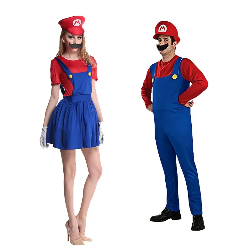 Super Luigi Cosplay Costume Adult Jumpsuit Beard Hat Men and Women Set kid Halloween Costume