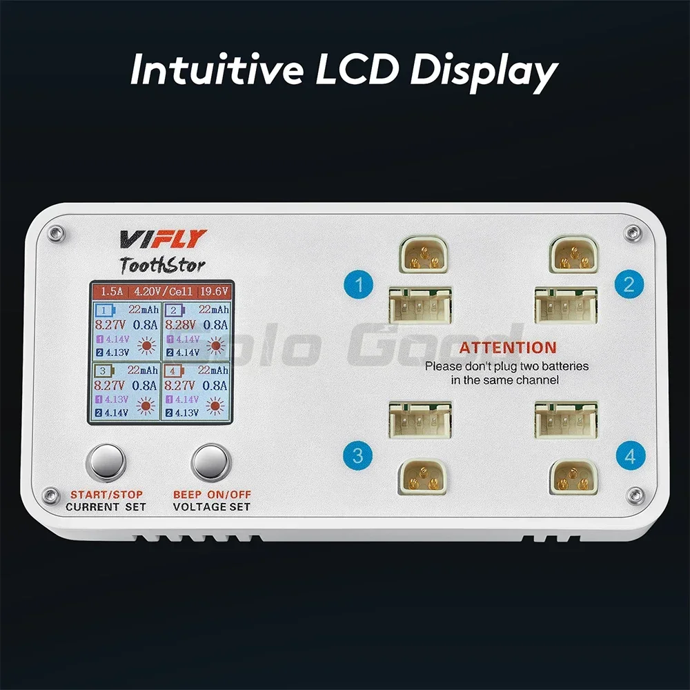 Détail des connexions du chargeur multiport équilibreur 4 canaux 2S LiPo VIFLY ToothStor avec câbles et batteries LiPo branchées.