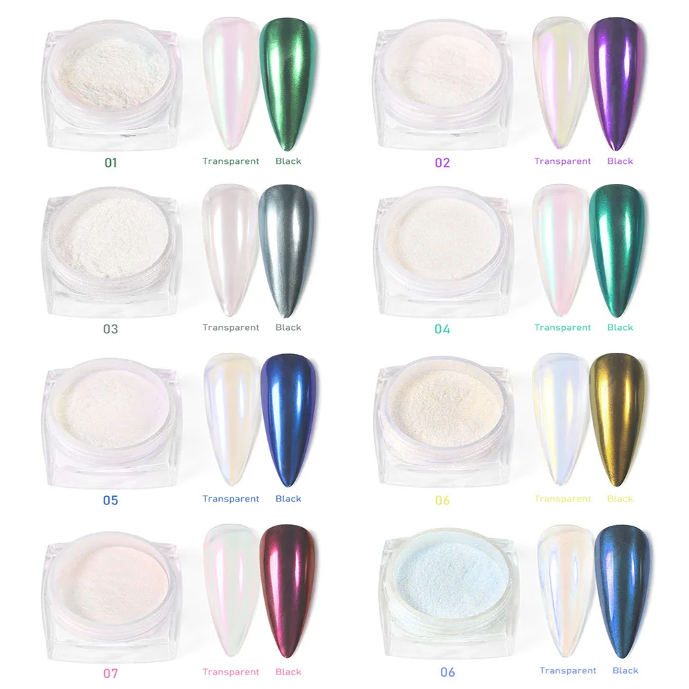 12Colors/set Aurora Shimmer Nail Mirror Powder Net1-2g*12jars Moonlight White Aurora Chrome Powder DIY Shell Rubbing Dust nail powder
