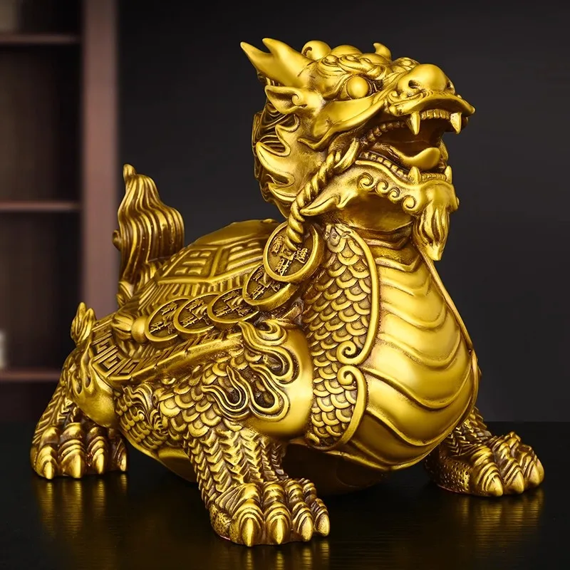 Brass Tortoise Dragon Statue for Good Luck Fortune Wealth, Chinese Feng Shui Pi Xiu Tortoise Home Office Desk Decor, Gift