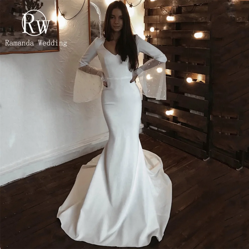 

Ramanda Elegant Long Flare Sleeves V Neck Wedding Dress For Women Simple Backless Mermaid Train Bridal Gown Robe De Mariee