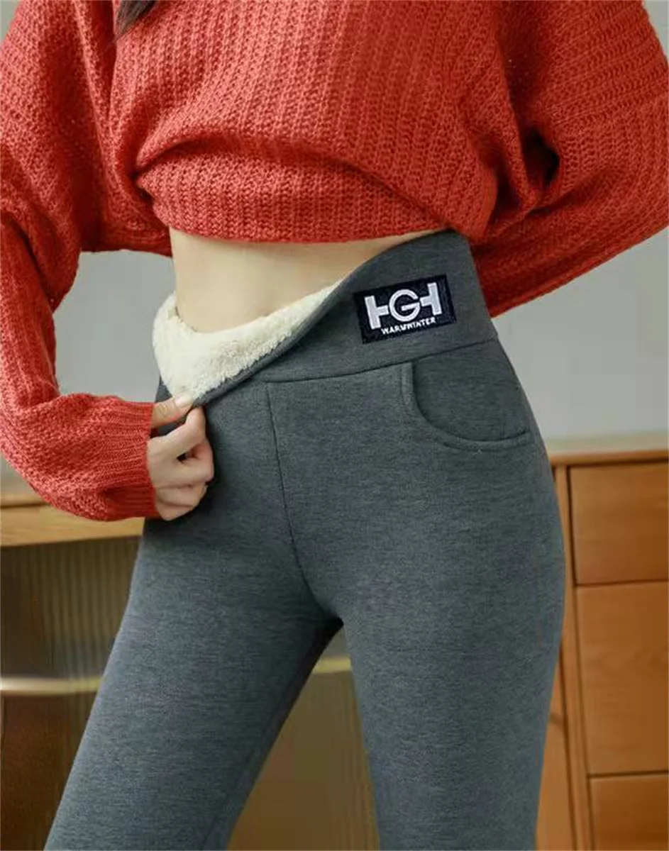Winter Women Warm Leggings Plush Lined Thermal Pants Solid Thickened Letter Embroidery Slim Elastic Tights Stretch High Waist