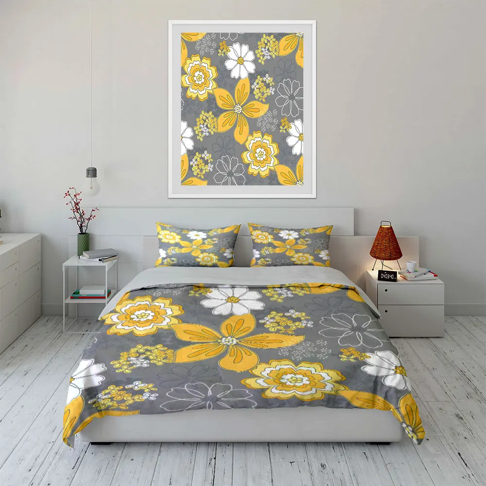 Yellow White Floral Seamless Bedding Set,Minimalist Grey Background Flower Print 1 Duvet Cover 2 Pillowcase,Soft Microfiber 3PC 6