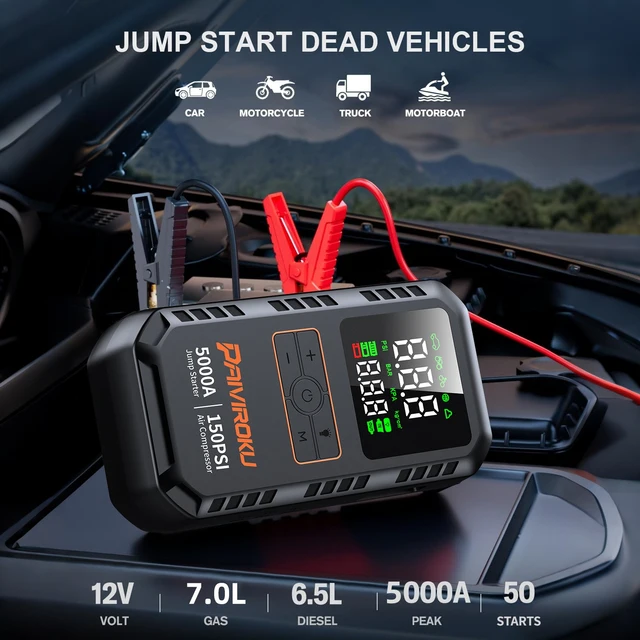 PAIVIROKU 4-IN-1 Car Jump Starter with Air Compressor 5000APeak Auto Battery Booster 150PSI Air Pump Power Bank Tire Inflator 2