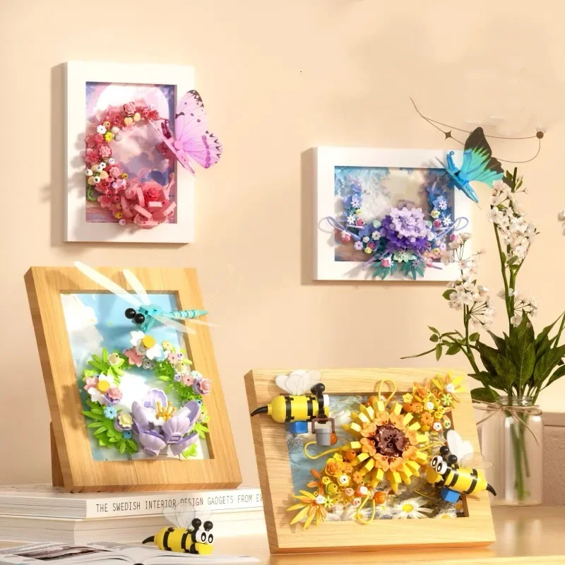 창의적인 사진 프레임 꽃 동물 빌딩 블록 장난감, DIY 블록 장난감, 어린이 생일 선물, 데스크탑 장식