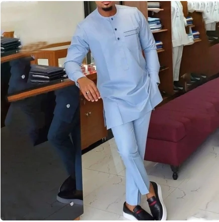 2 Pcs Sets Men Outfit Embroidered Crew Neck Top Trousers Men's Suit Kaftan Wear Business Clothing African Ethnic Casual Clothing