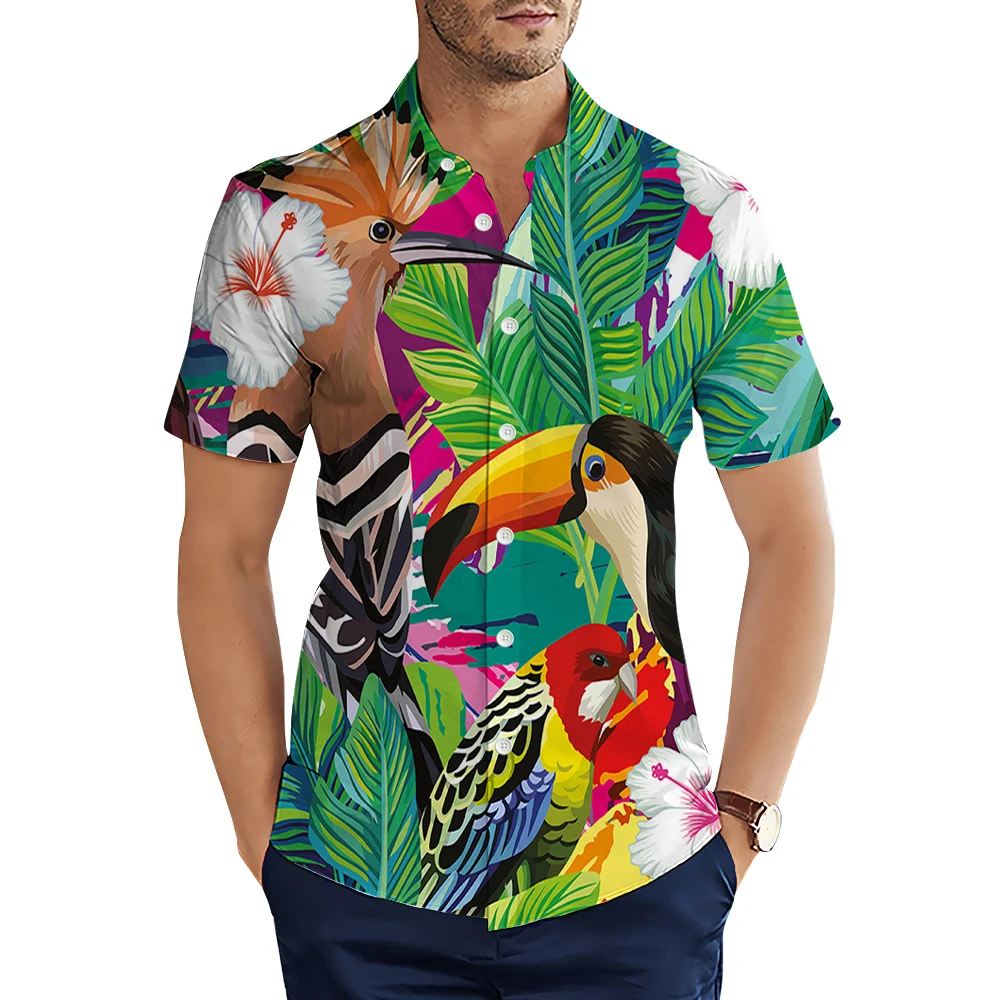 

HX Fashion Animal Hawaii Shirts Tropical Plant Leaf Parrot 3D Printed Casual Shirts Men Summer Short Sleeve Tops Camisas