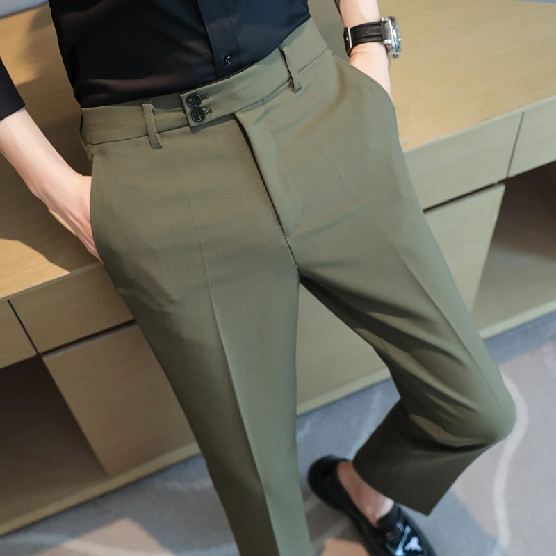 

Men Dress Pants High Waist Trousers Autumn New British Style Straight Slim Fit Suit Pants Solid Casual Fashion Men Clothing