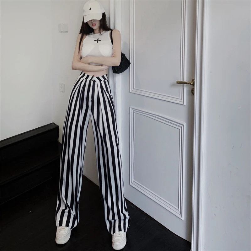 Women's High Waisted Black and White Striped Wide Leg Pants Summer High Street Versatile Casual Wide Leg Mop Trousers Female