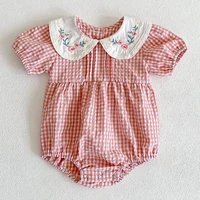 2024 Toddler Baby Girls Rompers Embroidery Bodysuit Girls Jumpsuits Princess Girls Pink Grid Rompers Toddler Summer Clothing 6