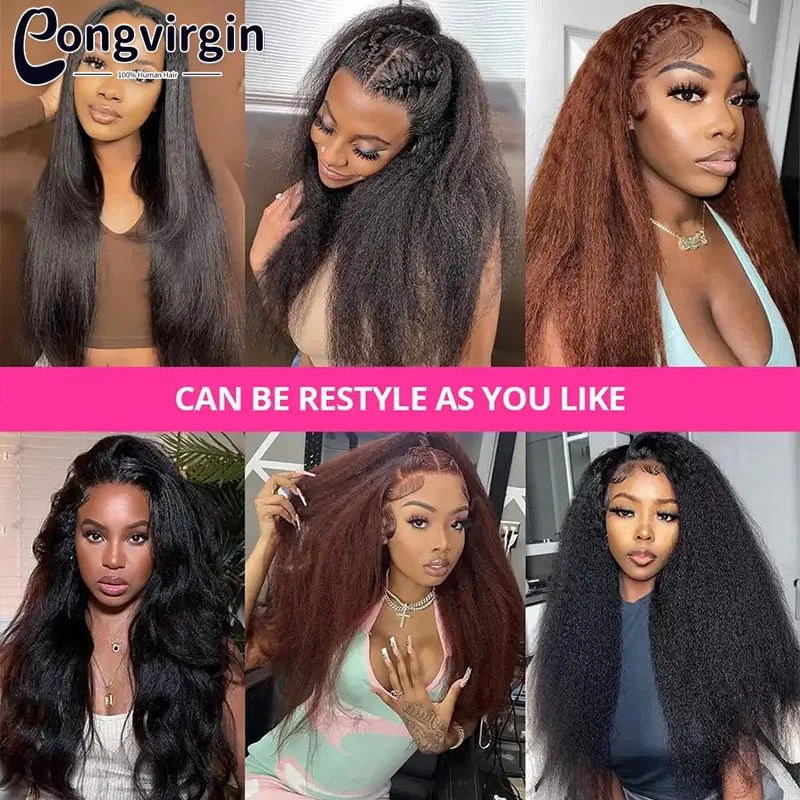 Kinky Straight Human Hair Wig 360 Full HD Lace Frontal Wigs 250% Yaki Straight Human Hair Wig 30 38 Inches High Ponytail