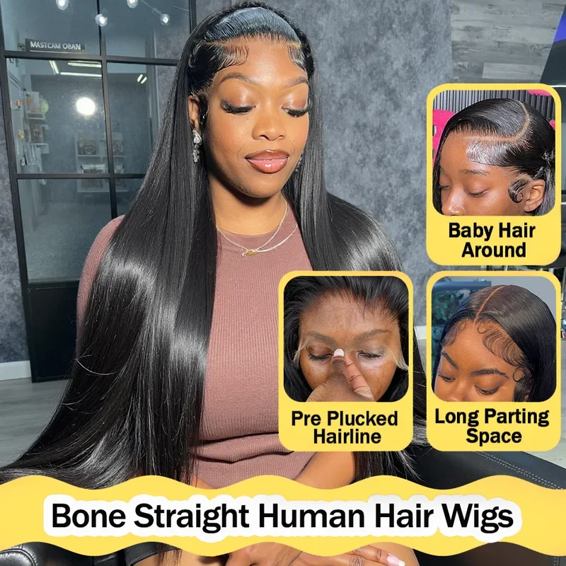 30 34 40 Inch 13x6 HD Transparent Bone Straight Lace Frontal Wigs 5x5 Glueless Wear and Go Human Hair Wig 200 Density for Women