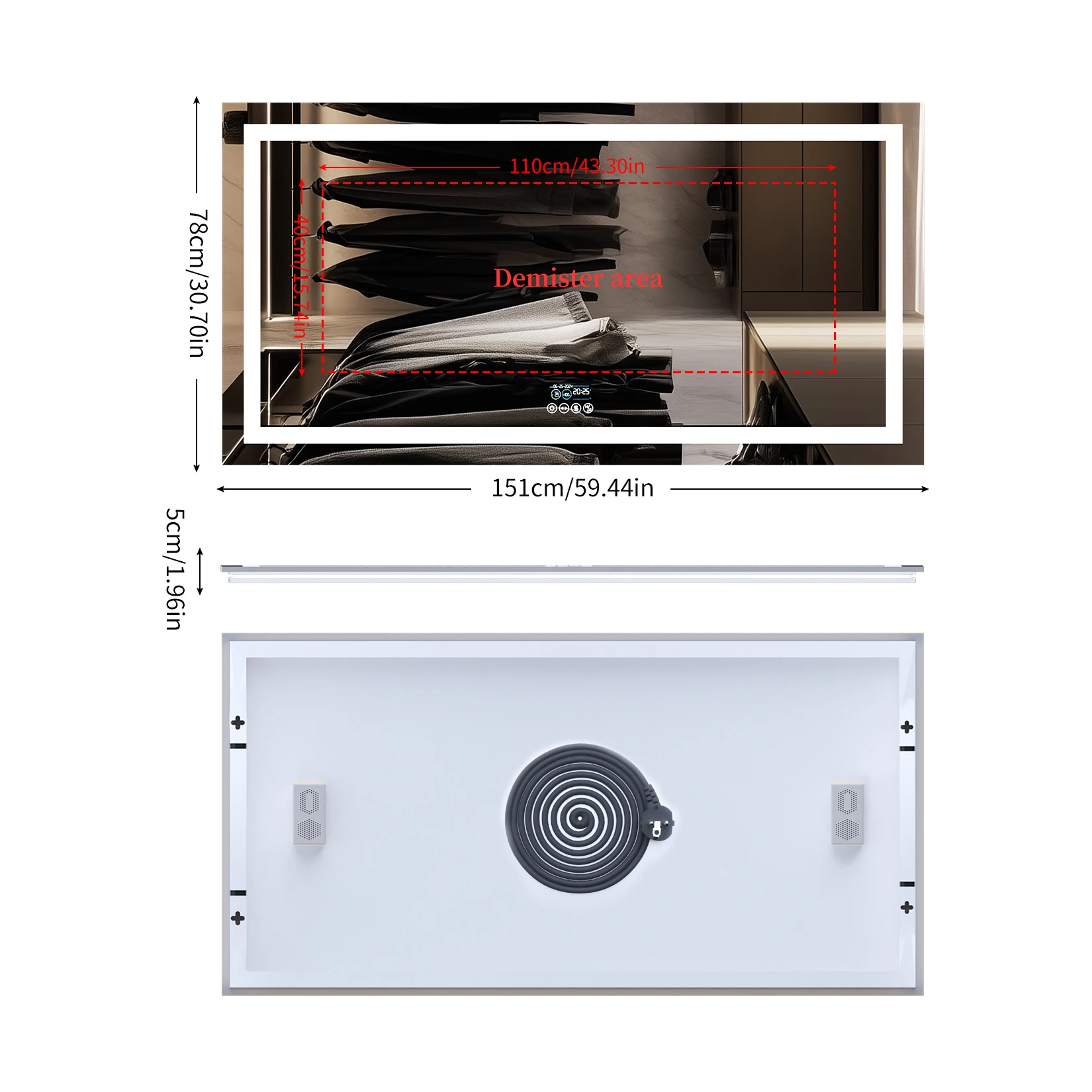 Extra Long Rectangle LED Bathroom Mirror with Bluetooth Speaker Front-lit and Backlight Vanity Mirror Smart Anti-fog 4